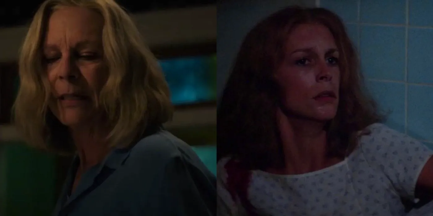 Split Image: Laurie Strode in Halloween II (1981) and Laurie Strode in Halloween Ends.  Image