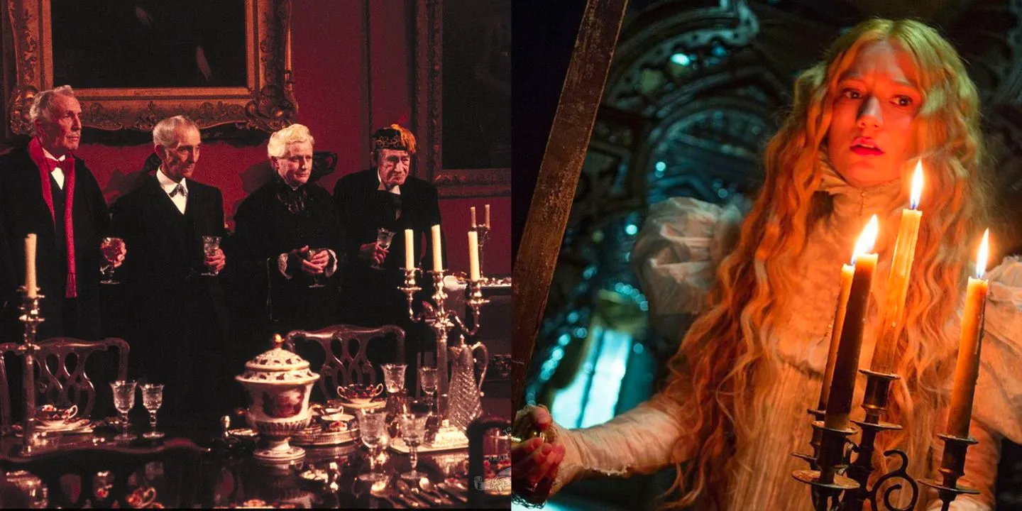 Split image of a girl holding a candelabra in Crimson Peak and Vincent Price, Peter Cushing, John Carradine, and Christopher Lee standing around a dinner table in House of the Long Shadows Image