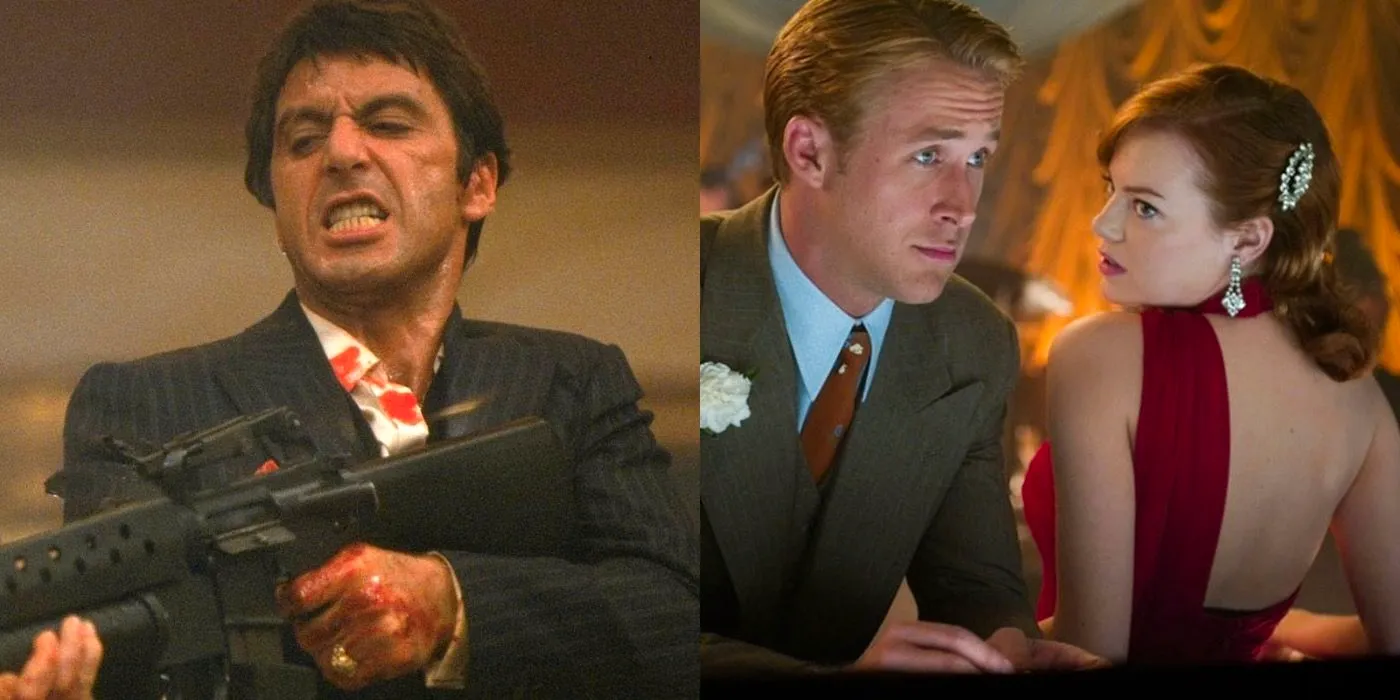 Split image of a party in Gangster Squad and Tony Montana using a machine gun in Scarface Image