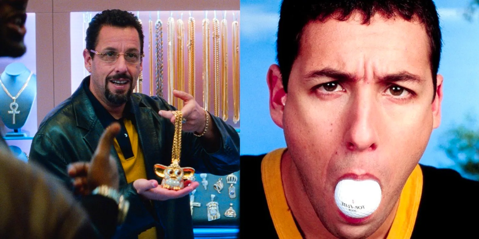 Split image of Adam Sandler as Happy Gilmore and Howard Ratner in Uncut Gems Image