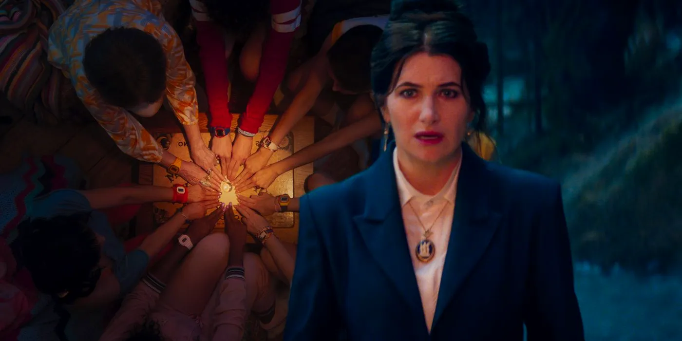 Split image of Agatha in the Agatha All Along trailer and people playing with an ouija board Image