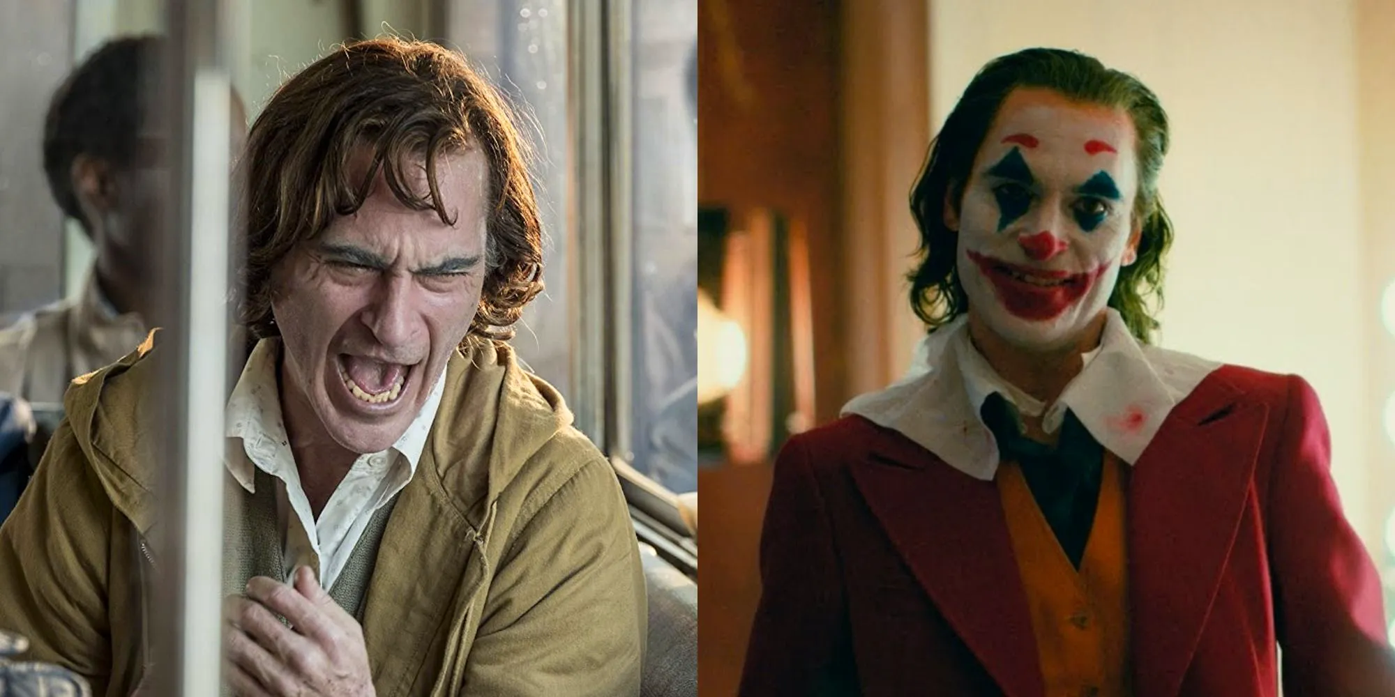 Split image of Arthur Fleck in makeup and laughing on the bus in Joker Image