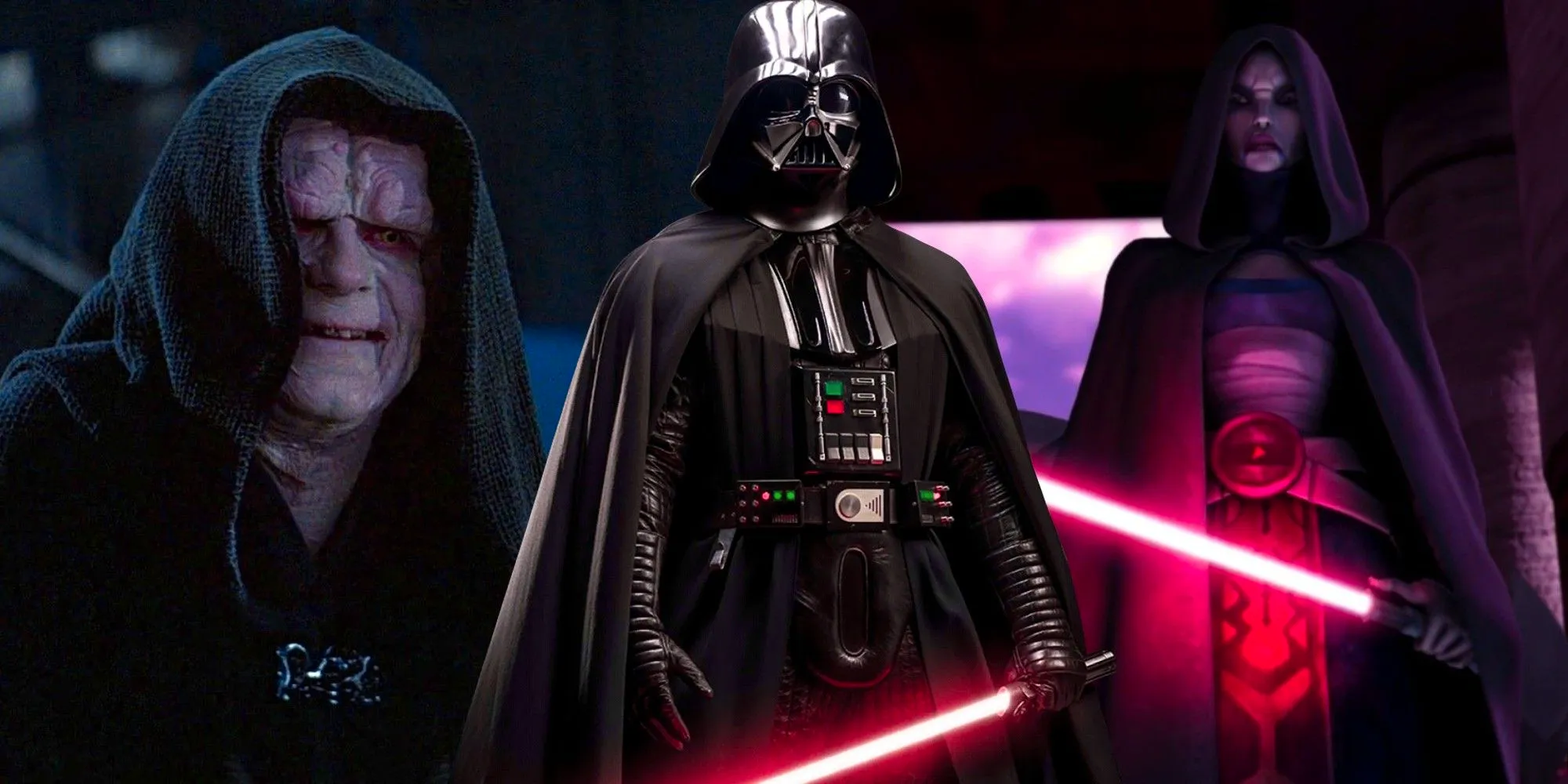 Split image of Asajj Ventress, Darth Vader and Darth Sidious Image