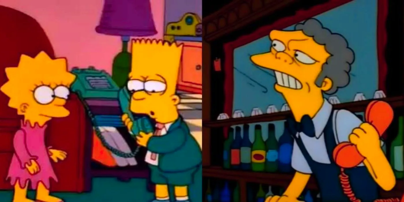 Split image of Bart and Lisa prank calling Moe on The Simpsons Image