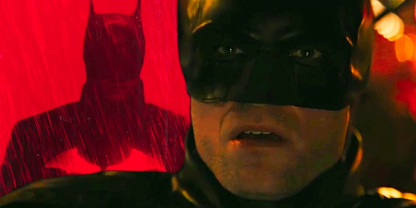 Split image of Batman looking shocked in The Batman and the Batman poster Image