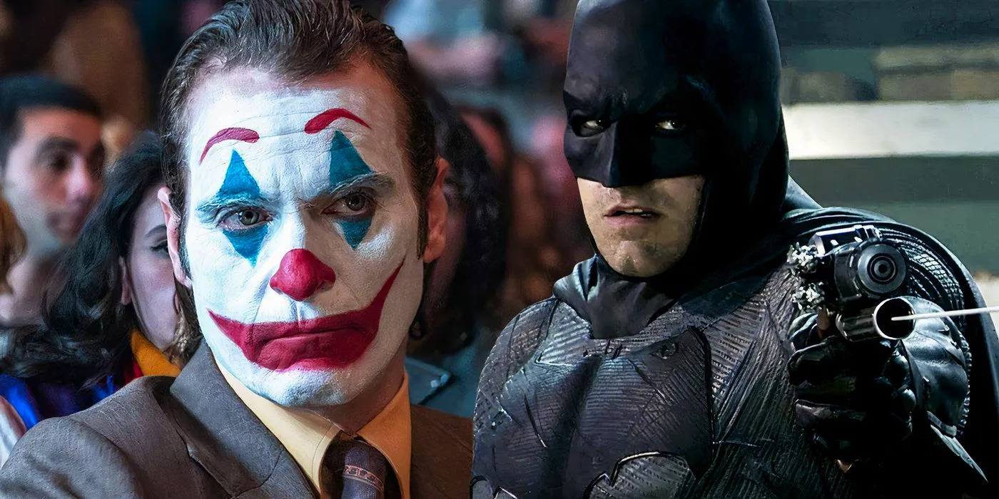 Split image of Ben Affleck as Batman and Joaquin Phoenix as Arthur Fleck/the Joker Image