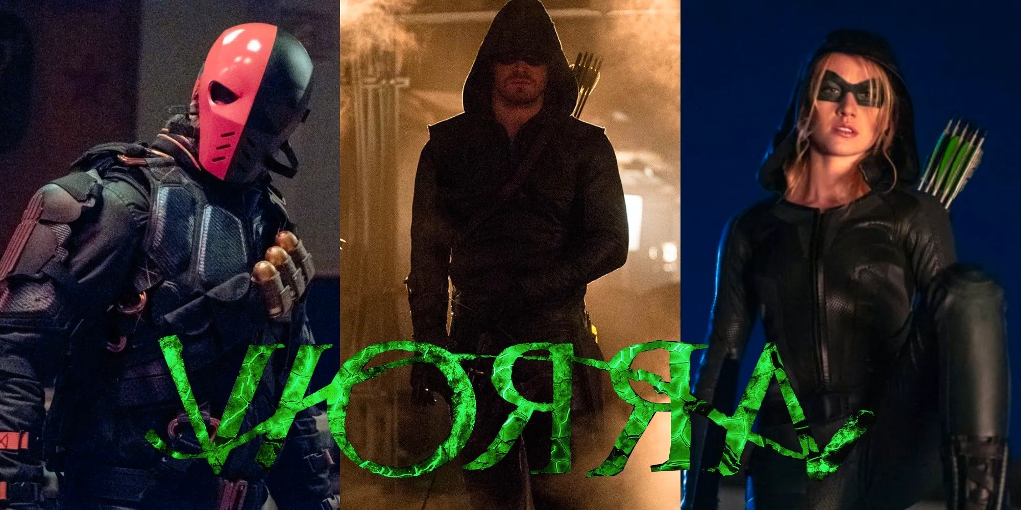 Split image of Black Canary, Oliver Queen and Deathstroke from Arrow with the show's logo on top Image