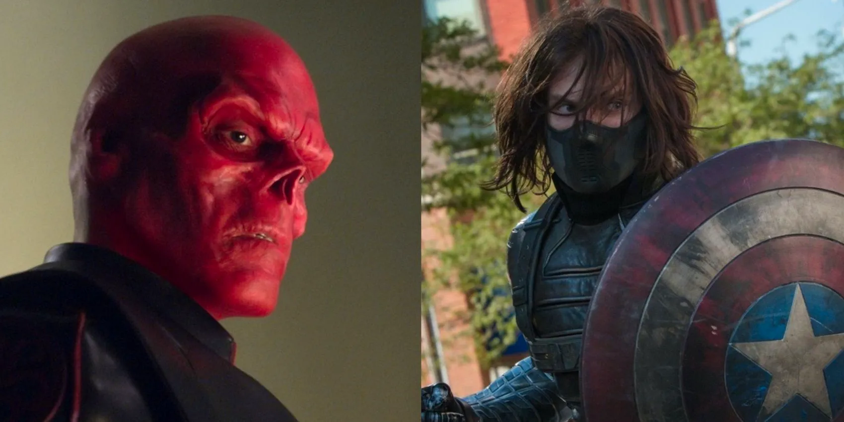 Split image of Bucky in Captain America The Winter Soldier and Red Skull in Captain America The First Avenger Image