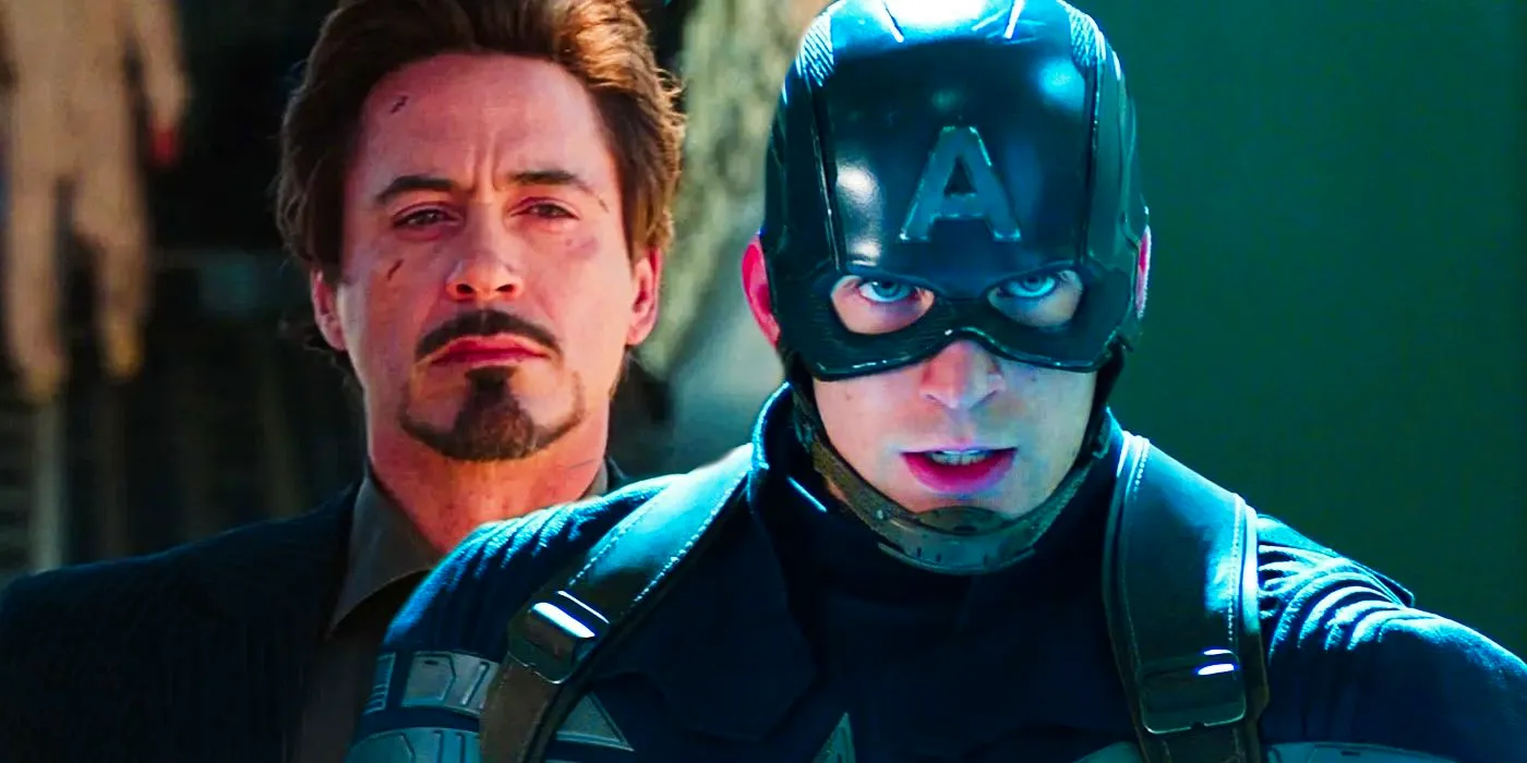 Split image of Captain America and Iron Man in the MCU looking serious Image