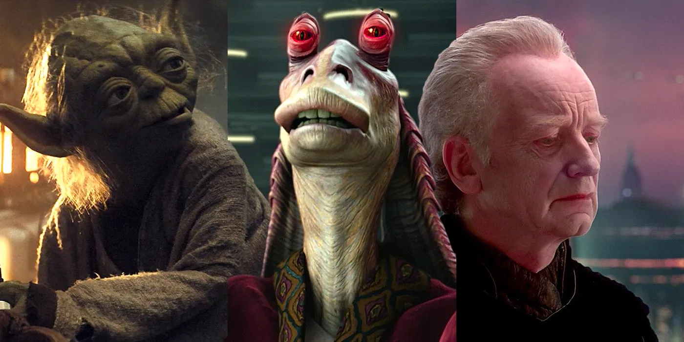 Split image of Chancellor Palpatine, Jar Jar Binks and Yoda from Star Wars Image