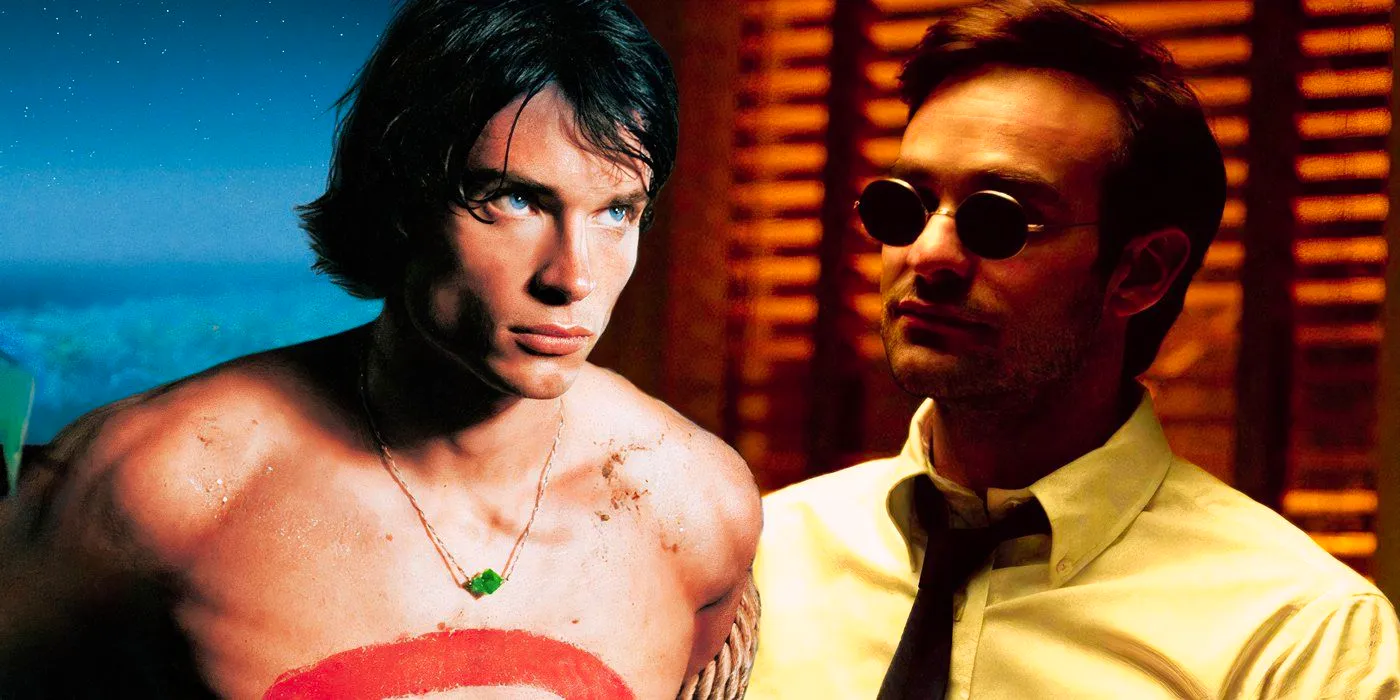 Split image of Charlie Cox as Matt Murdock in Daredevil and Tom Welling as Clark Kent in promo art for Smallville Image