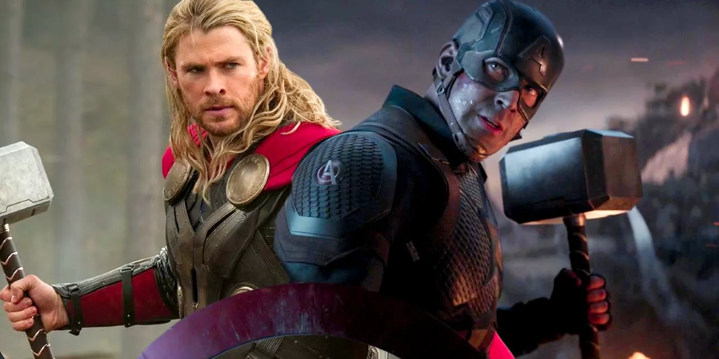 Split image of Chris Evans' Captain America and Chris Hemsworth's Thor both wielding Mjolnir Image