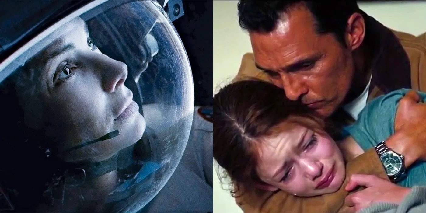 Split image of Cooper hugging Murphy and Sandra Bullock in Gravity Image