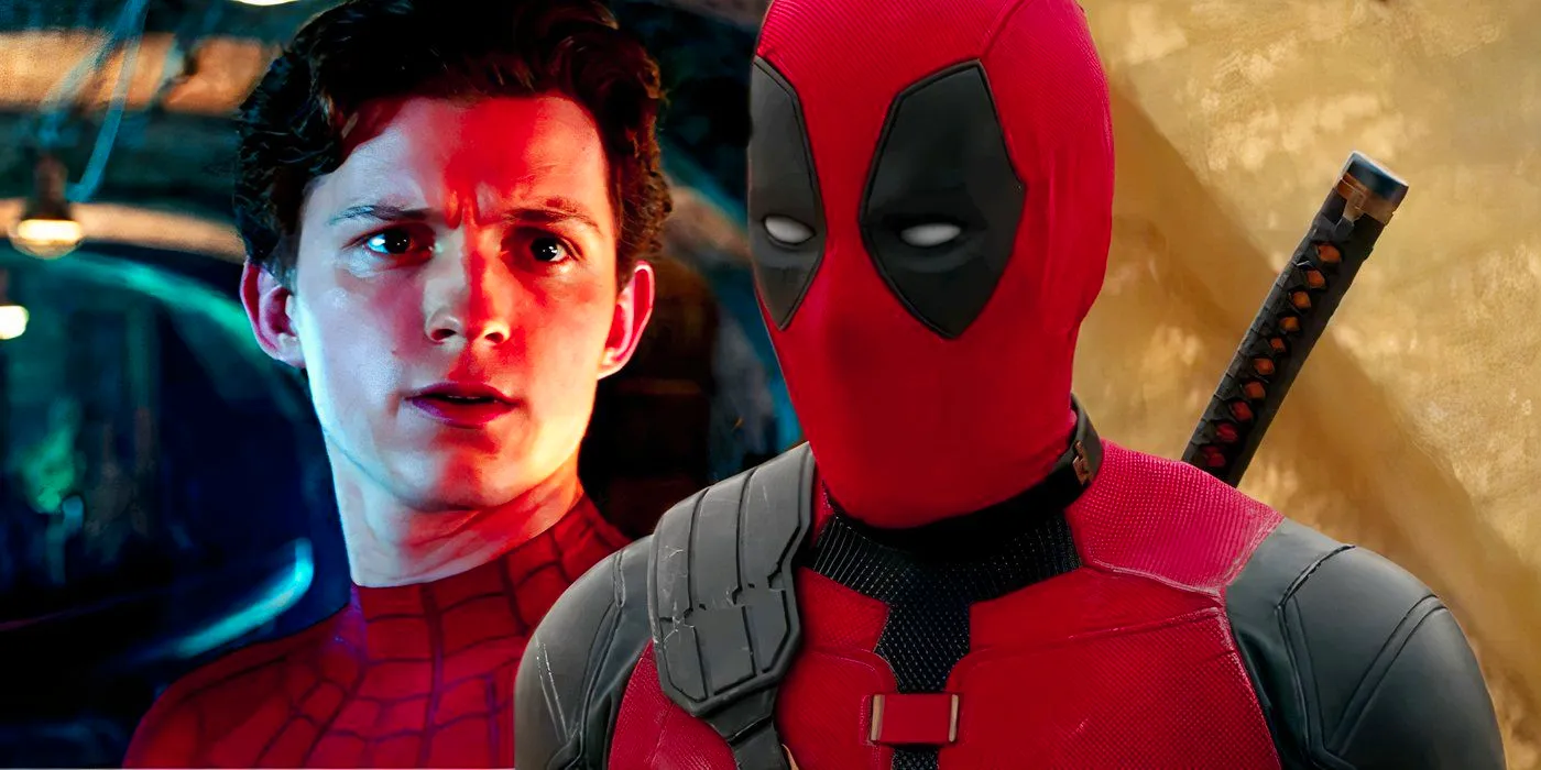 Split image of Deadpool and Spider-Man looking offscreen Image