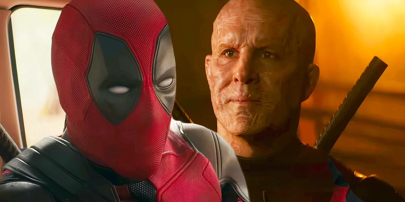 Split image of Deadpool with and without mask Image