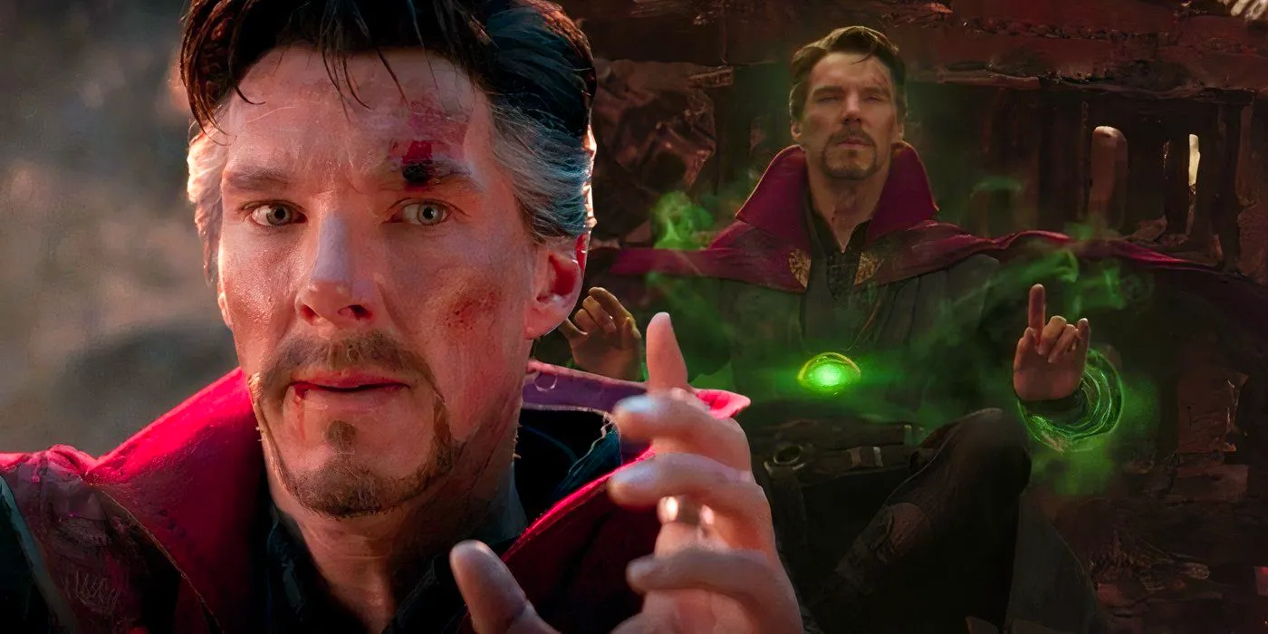 Split image of doctor strange looking into the future in avengers infinity war and holding up a finger in avengers endgame Image