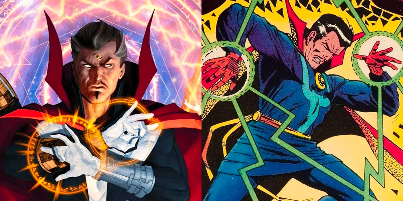 Split image of Doctor Strange using energy bolts and third eye in Marvel Comics. Image