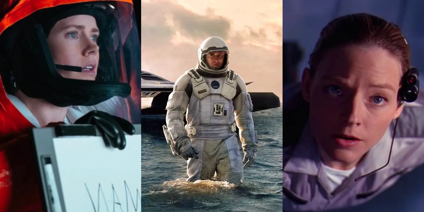 Split image of Eleanor in Contact, Cooper in Interstellar, and Louise in Arrival. Image