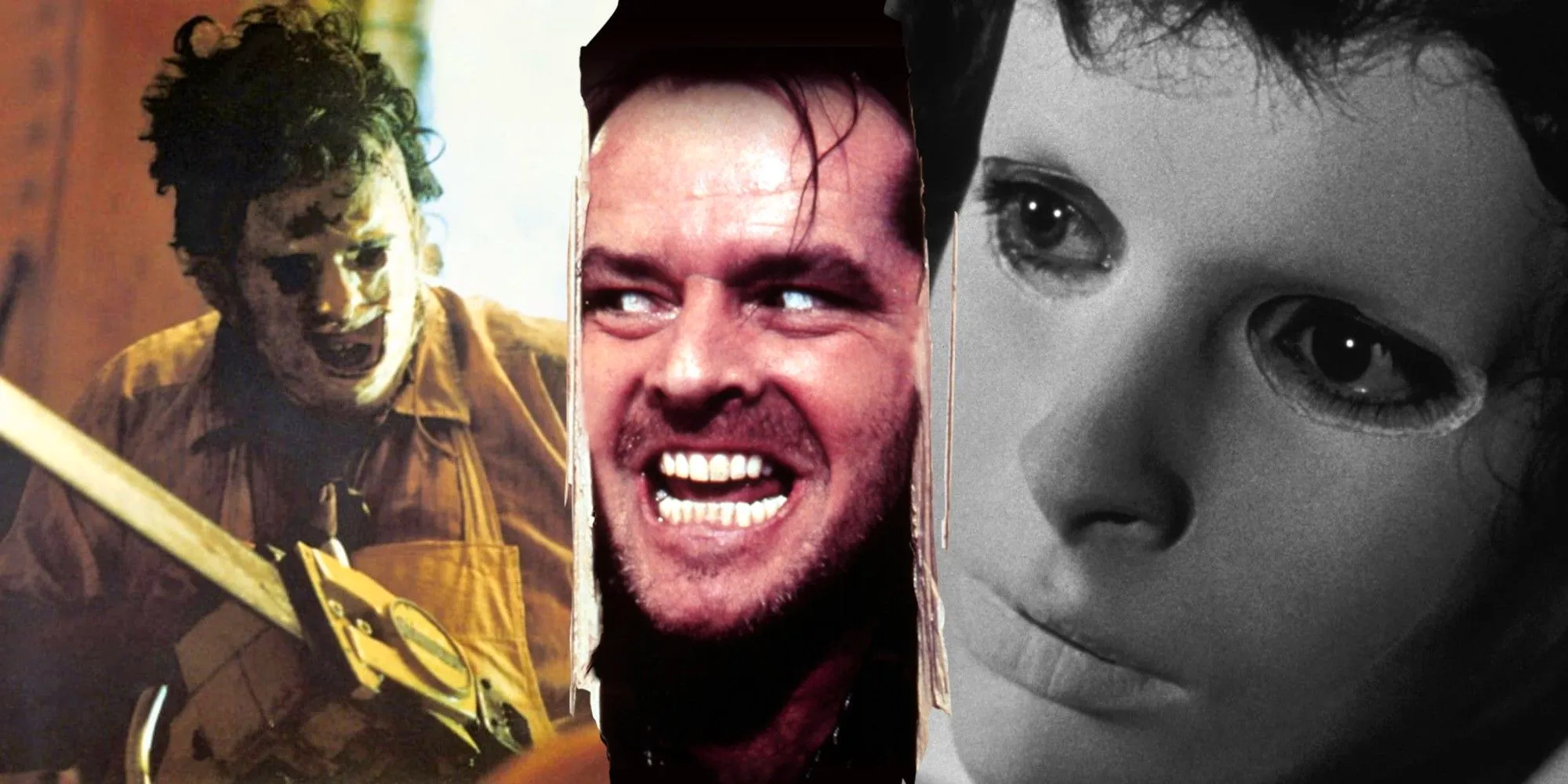 Split image of Eyes Without A Face, The Shining and Texas Chainsaw Massacre main characters Image