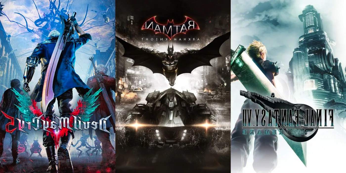 Split image of Final Fantasy VII Remake, Batman: Arkham Knight, and Devil May Cry 5. Image