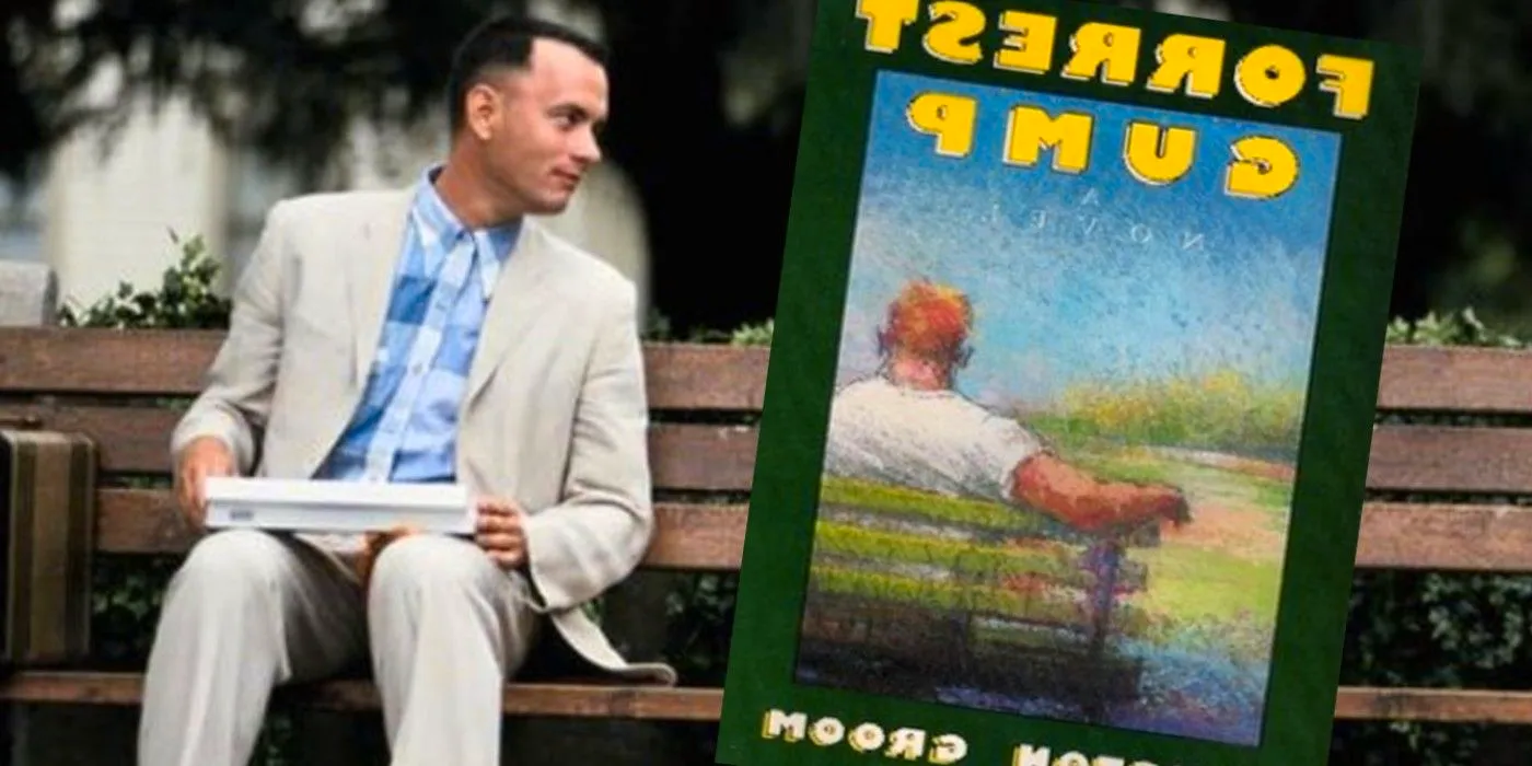 Split image of Forrest Gump's book cover and Tom Hanks in the movie Image