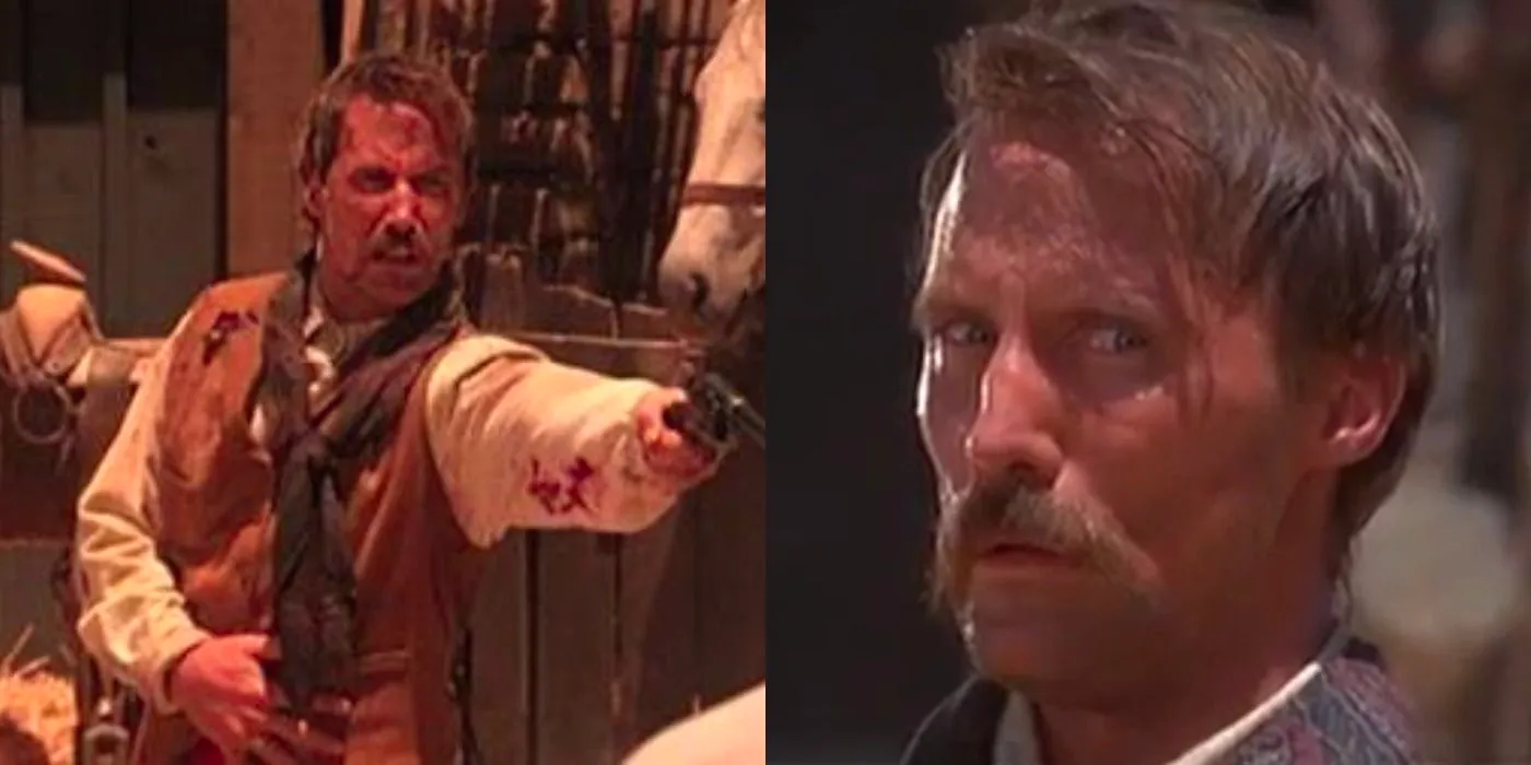 Split image of Frank Mclaury looking angry and shooting someone in Tombstone Image