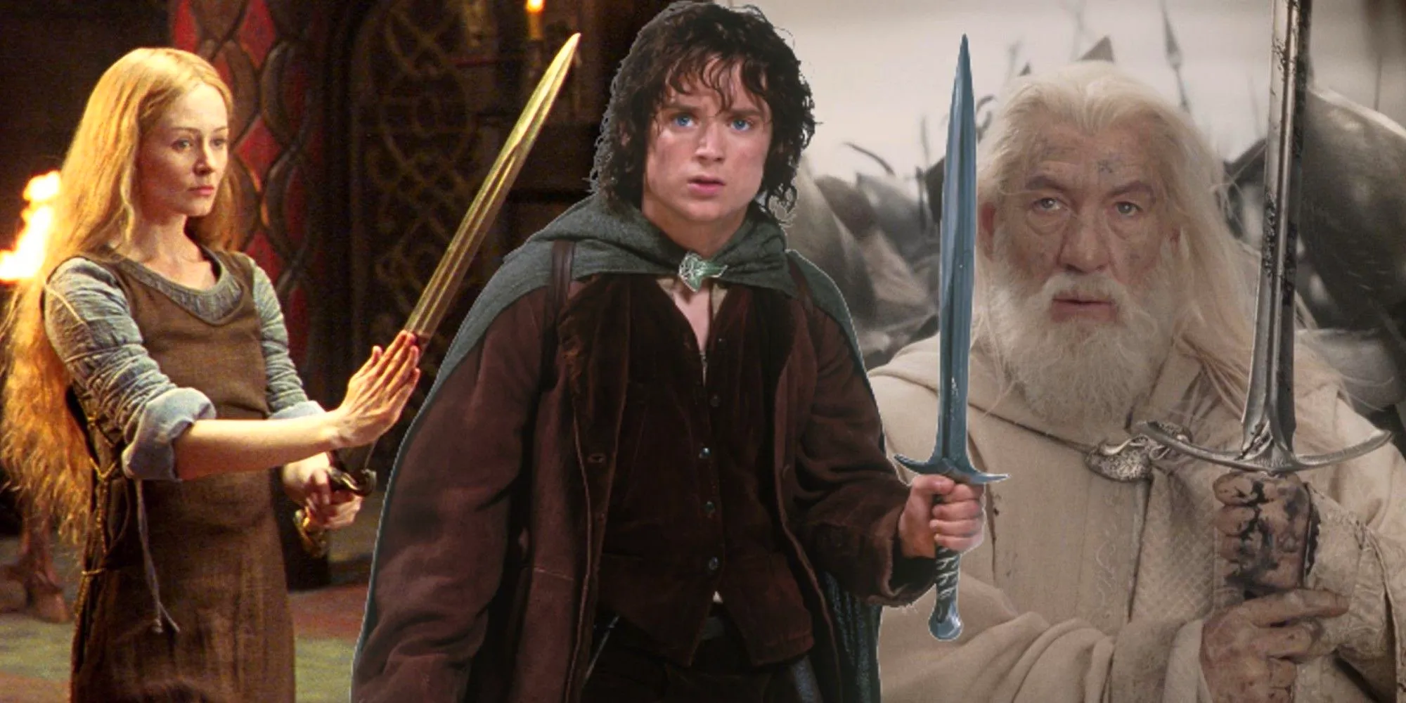 Split image of Gandalf, Frodo and Eowyn from The Lord of the Rings movies Image