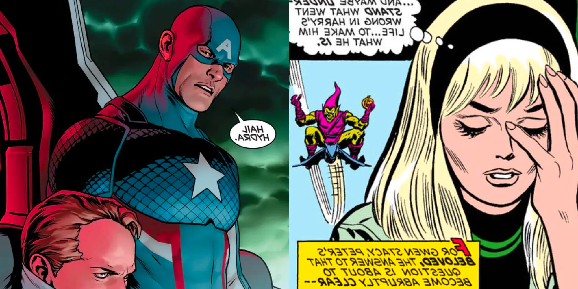 Split image of Green Goblin attacking Gwen Stacy and Captain America saying 'Hail Hydra' in Marvel Comics. Image