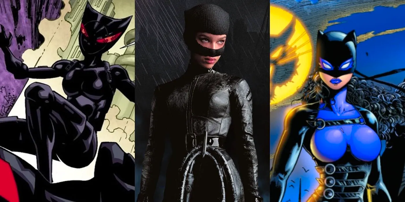 Split image of Guardian of Gotham Catwoman, Selina Kyle from The Batman, and Catwoman Beyond from the comics. Image