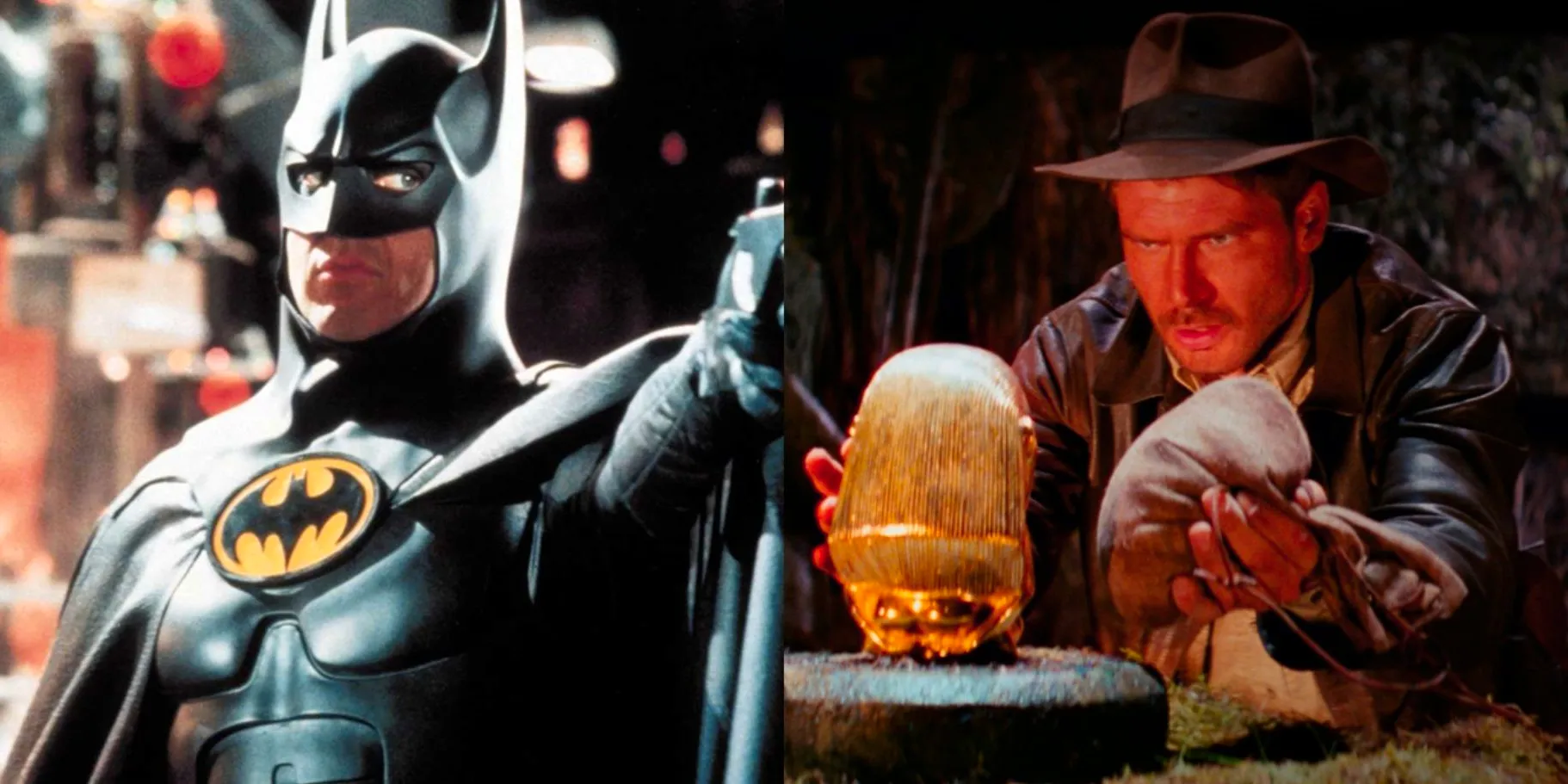 Split image of Harrison Ford in Raiders of the Lost Ark and Michael Keaton in Batman Image