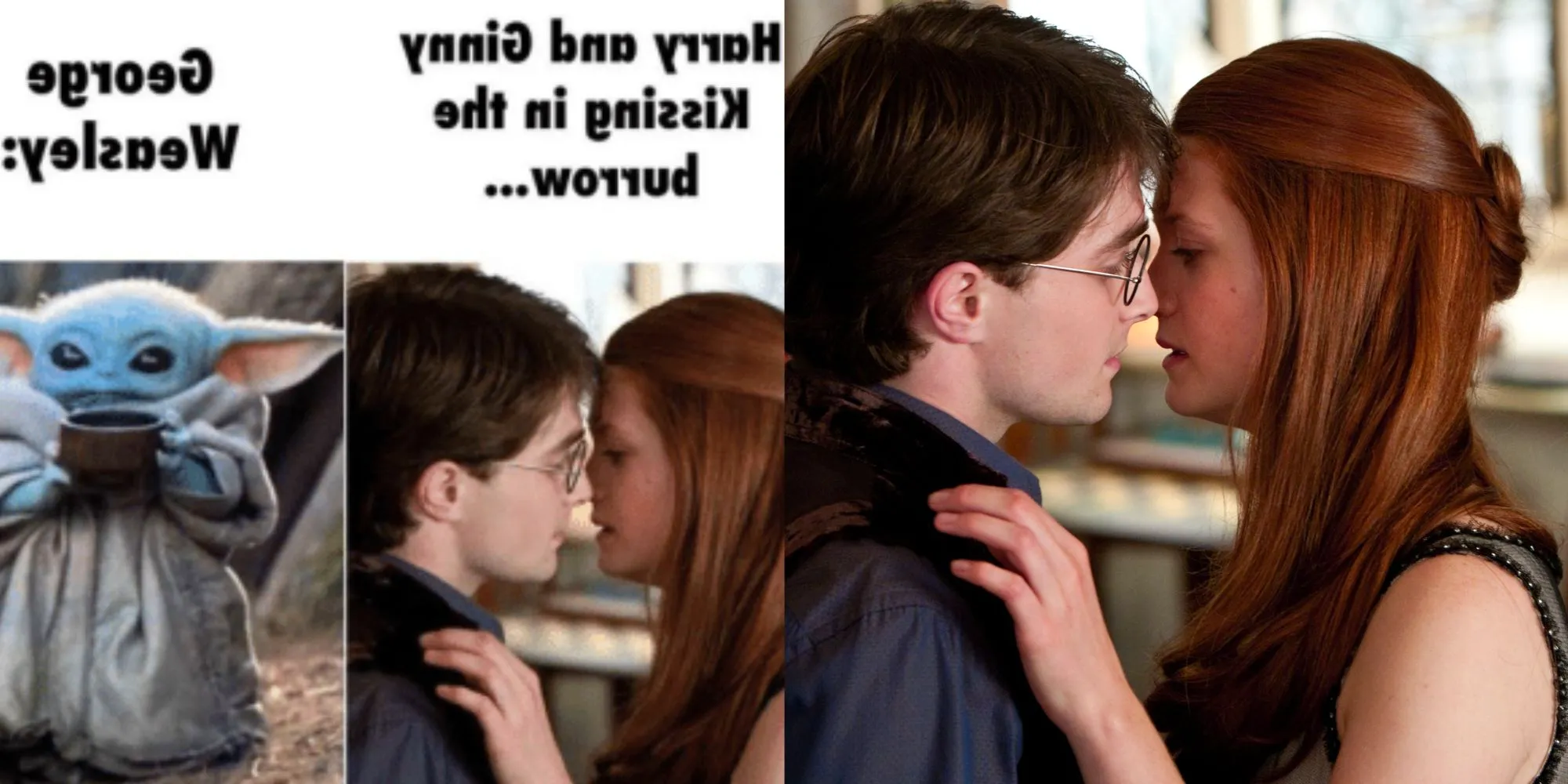 Split image of Harry and Ginny about to kiss and a meme about it in Harry Potter Image