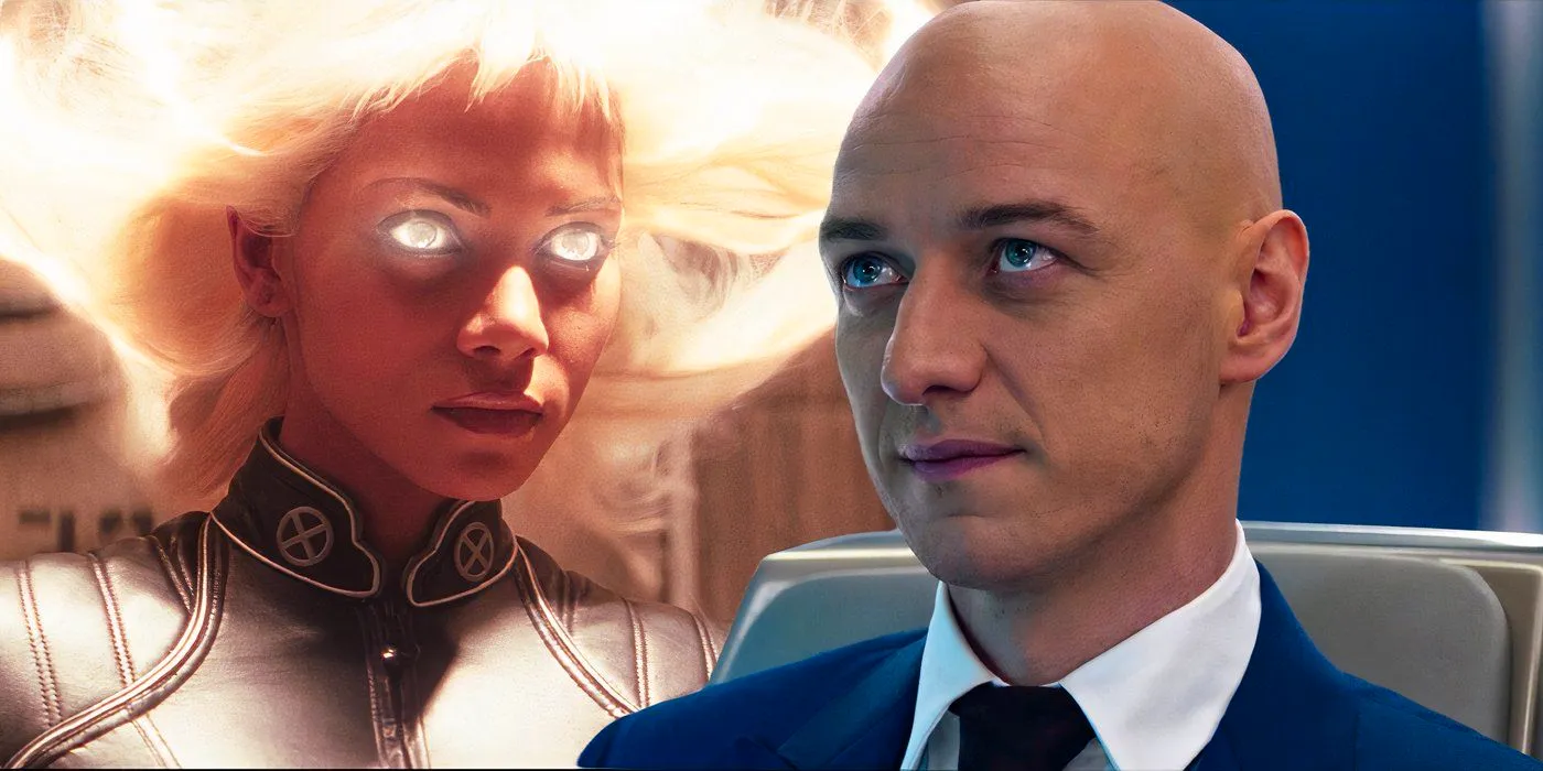 Split image of James McAvoy looking serious as Professor Charles Xavier and Halle Berry as Storm using her abilities Image