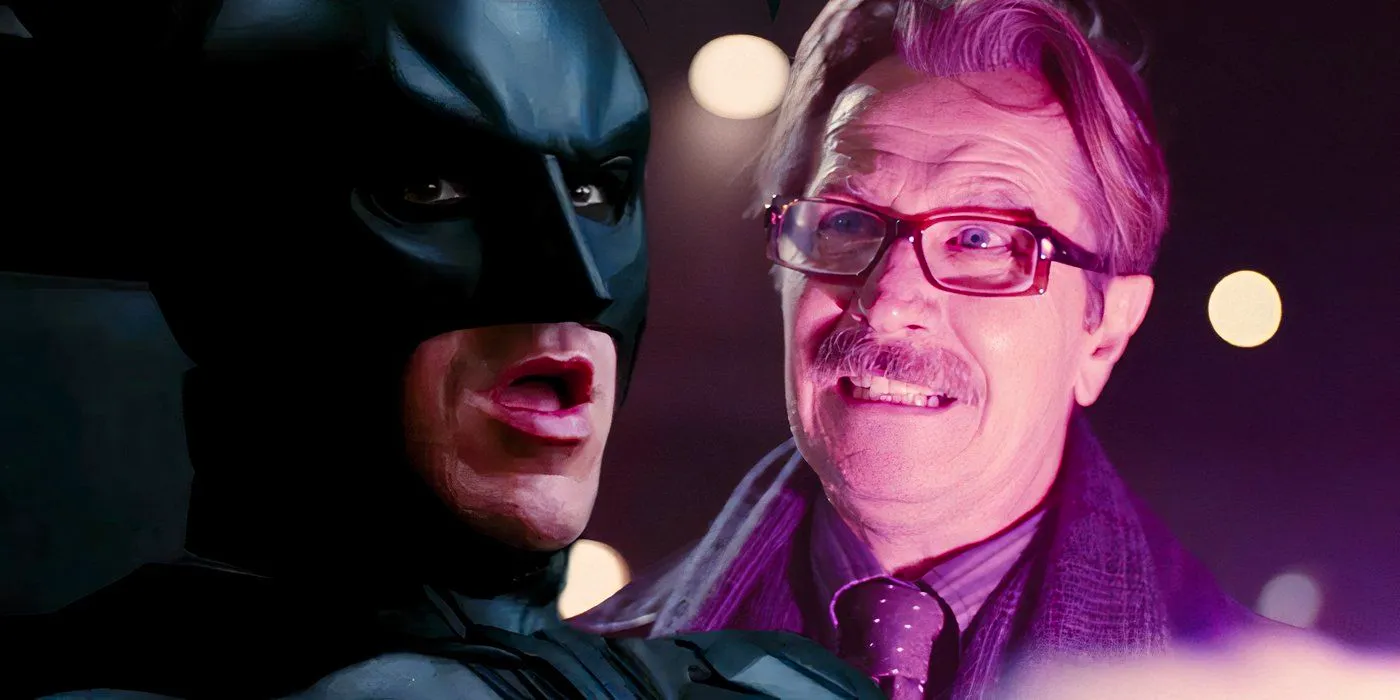 Split image of Jim Gordon and Batman looking shocked Image