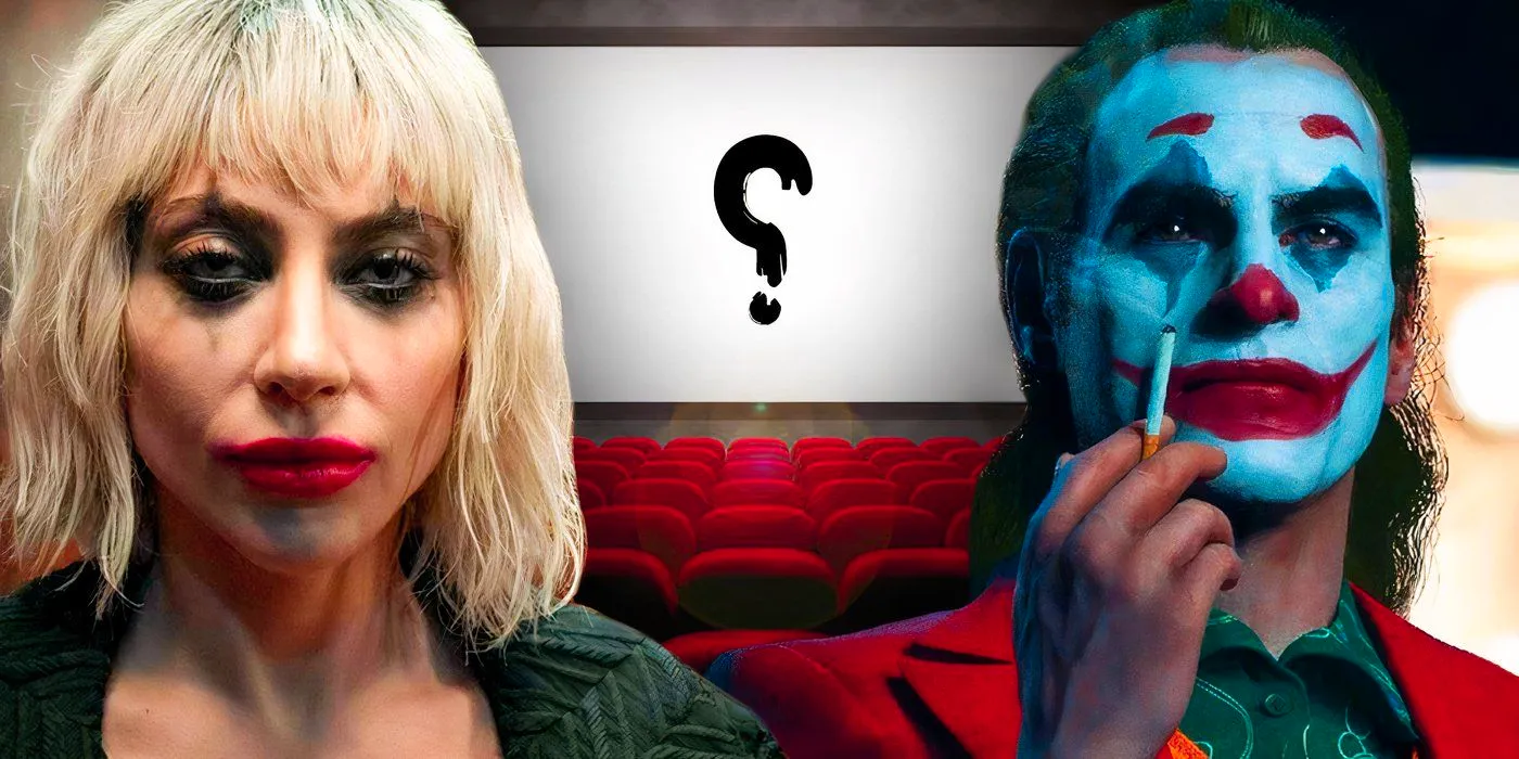 Split image of Joaquin Phoenix's Joker smoking a cigerette on the left, Lady Gaga's Harley Quinn with subtle make up on the right from Joker Folie A Deux (2024), stock footage of a movie theatre screen in the middle Image