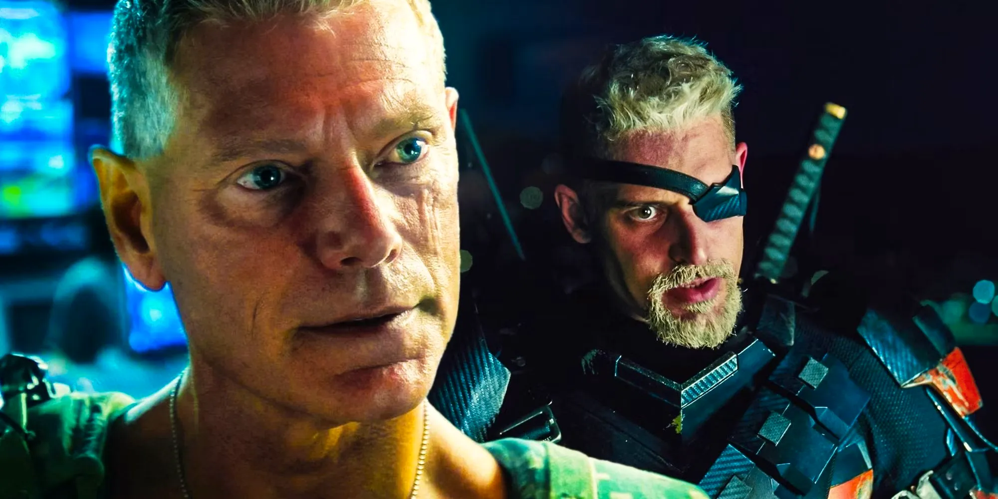 Split image of Joe Maganiello's Deathstroke and actor Stephen Lang in Avatar Image