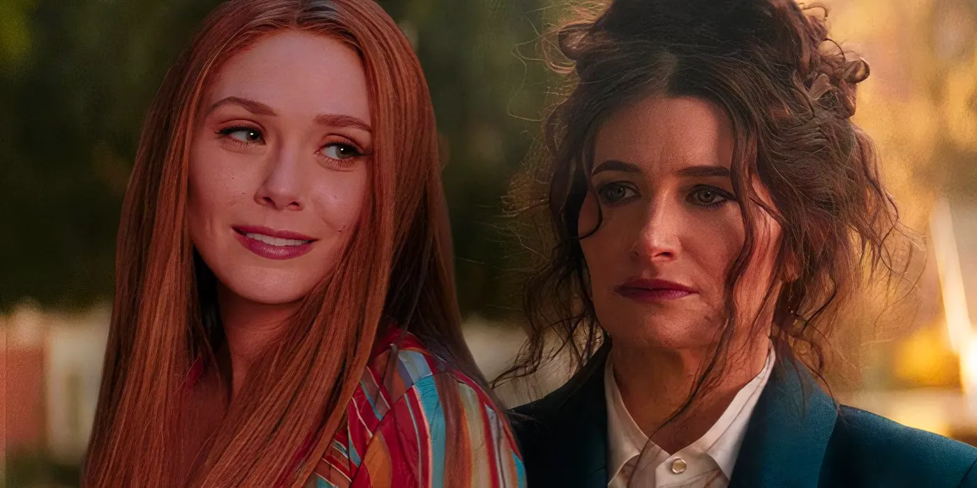 Split image of Kathryn Hahn's Agatha Harkness talking to Mrs. Hart on her lawn in Agatha All Along (2024) on the left, Elizabeth Olsen's Wanda Maximoff in her 70s attire after giving birth in Wandavision (2021) on the right Image