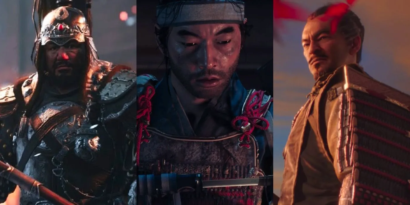 Split image of Lord Shimura, Jin Sakai, and Khotun Khan in Ghost of Tsushima. Image