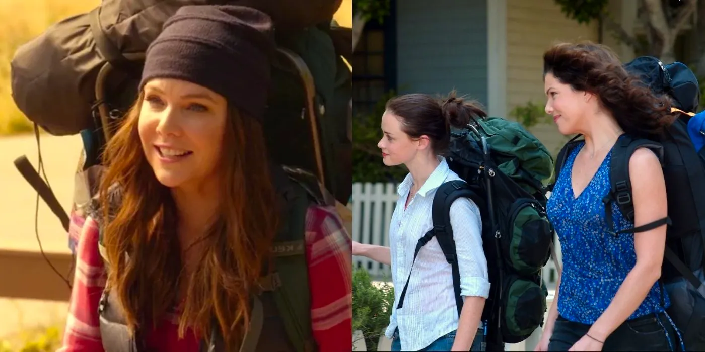 Split image of Lorelai and Rory wearing backpacks and Lorelai hiking on Gilmore Girls Image