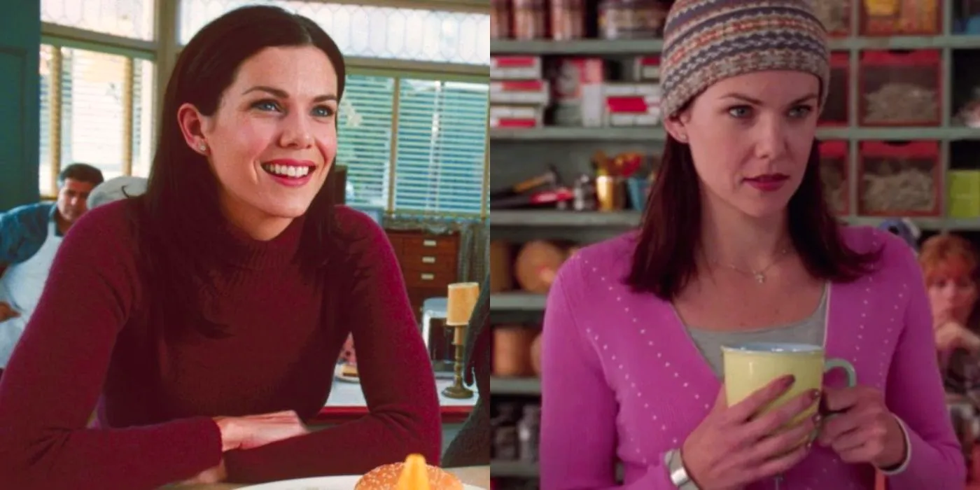 Split image of Lorelai holding coffee and smiling on Gilmore Girls Image