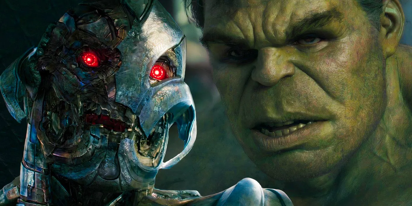 Split image of Mark Ruffalo's Hulk in the opening fight of Avengers Age of Ultron (2015) on the left, Ultron in the final battle of Avengers Age of Ultron on the right Image