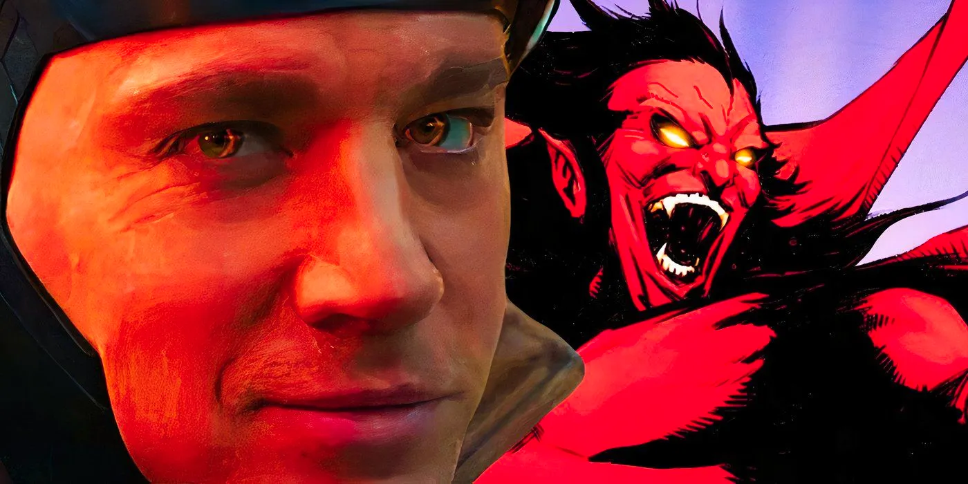 Split image of Mephisto laughing in marvel comics and channing tatum's gambit smirking in deadpool & wolverine Image