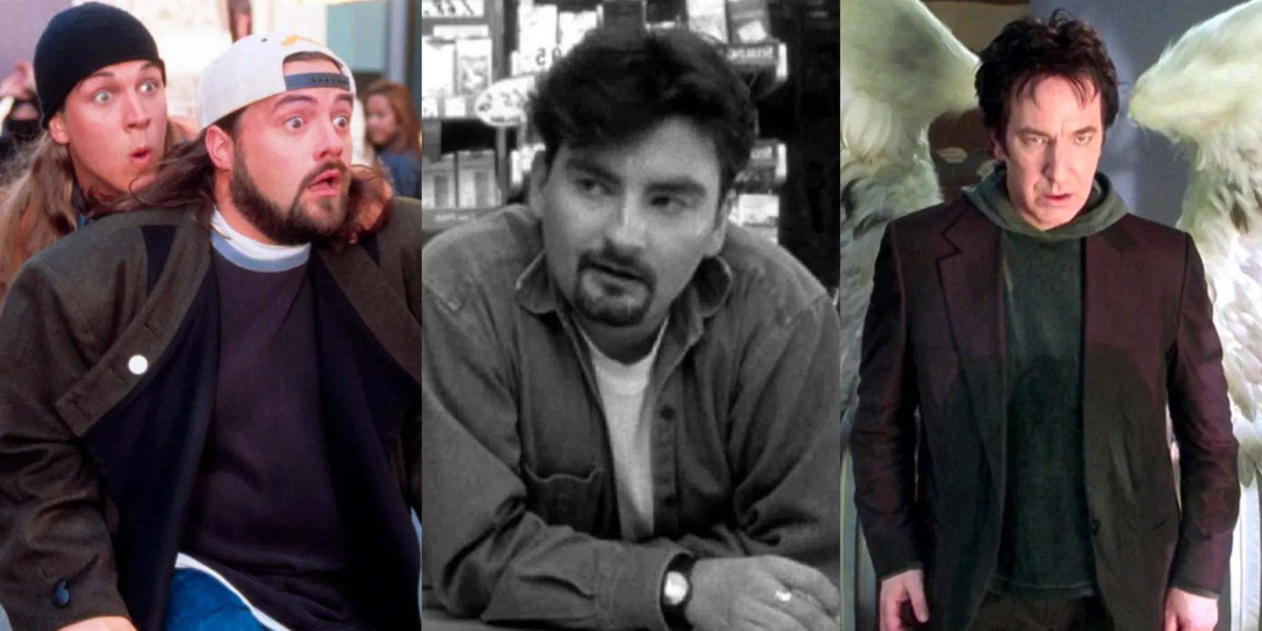 Split image of Metatron in Dogma, Dante in Clerks, and Jay and Silent Bob in Jay and Silent Bob Strike Back Image