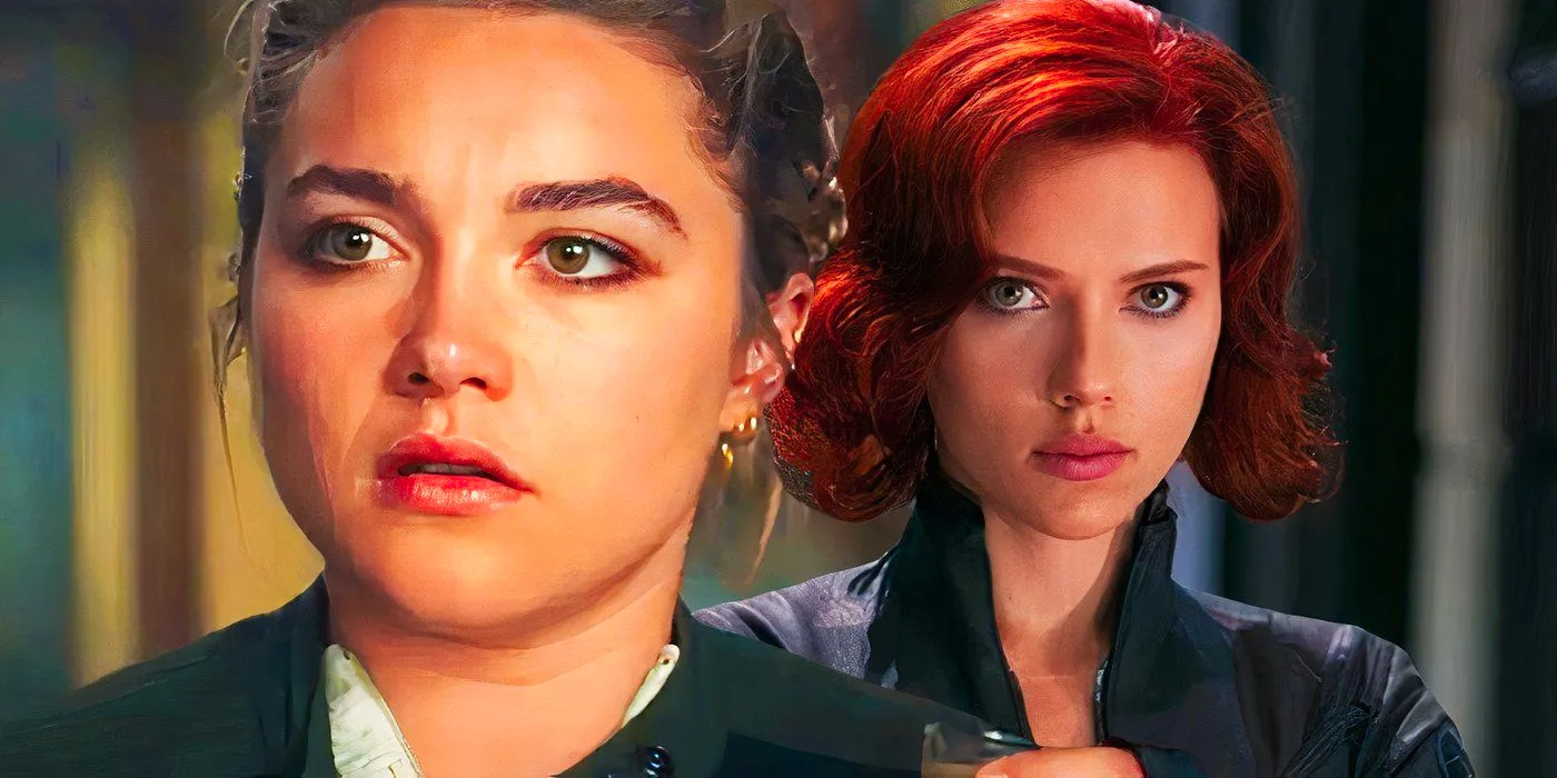 Split image of Natasha Romanoff and Yelena Belova looking serious Image