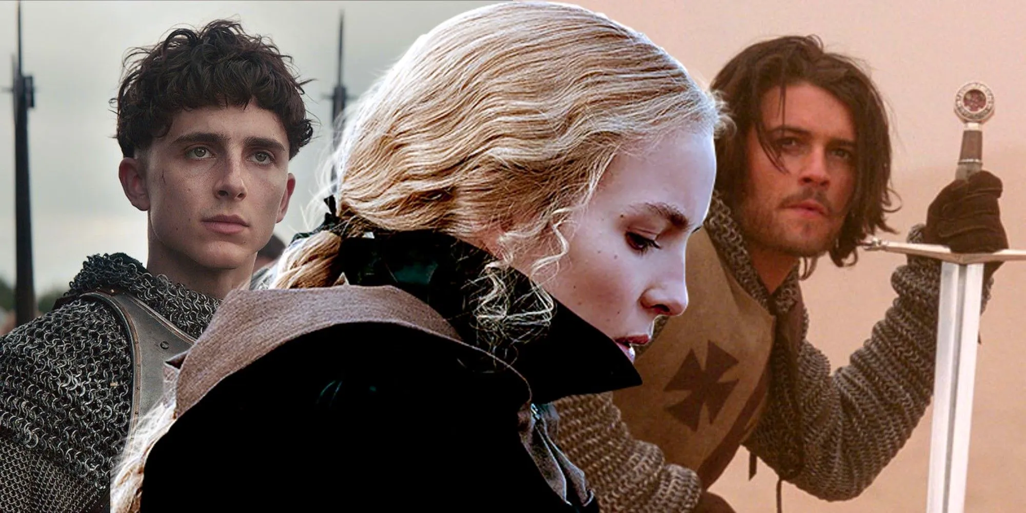 Split image of Orlando Bloom in Kingdom of Heaven, Jodie Comer in The Last Duel and Timothee Chalamet in The King Image