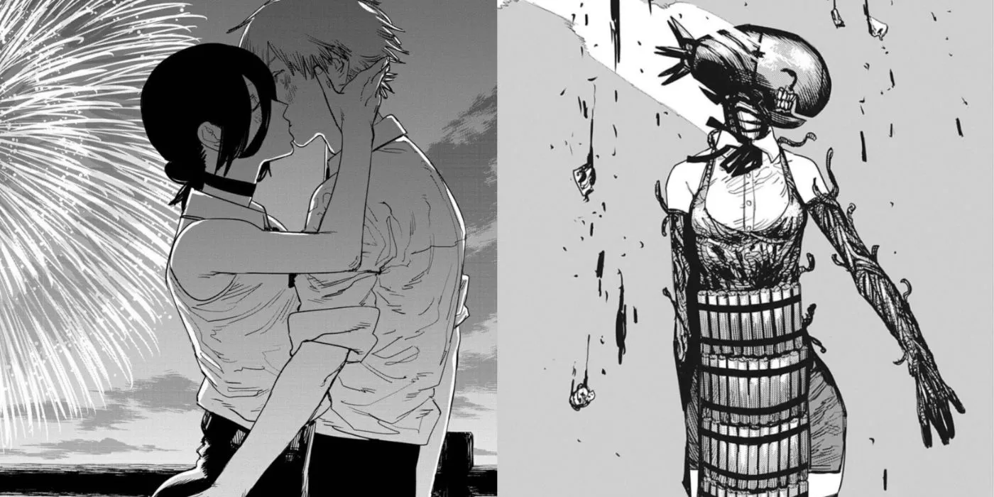 Split image of Reze as the Bomb Devil and kissing Denji with fireworks in the background. Image