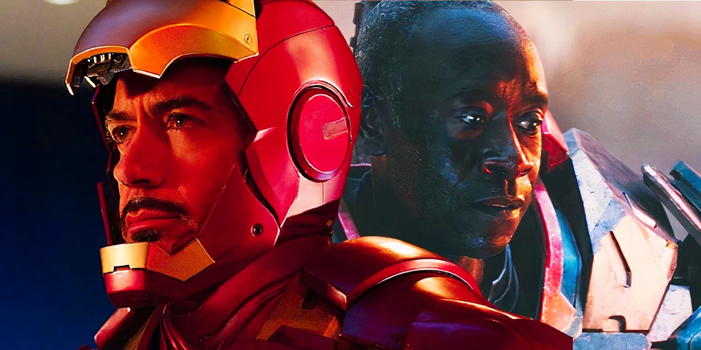 Split image of Rhodey and Iron Man in their armors in Endgame and Iron Man Image