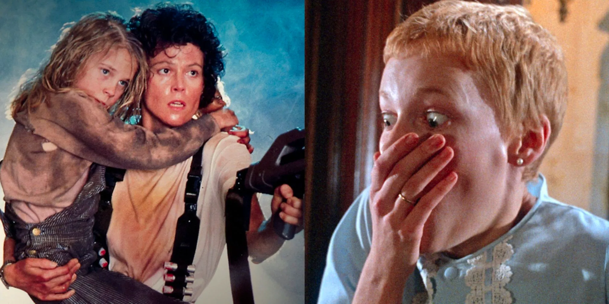 Split image of Rosemary in Rosemary's Baby and Ripley and Newt in Aliens Image