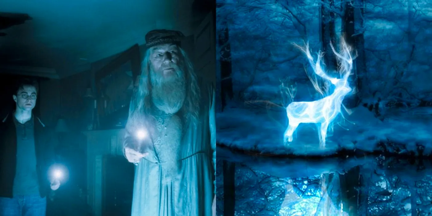 Split image of stag patronus and Dumbledore & Harry using Lumos in Harry Potter Image