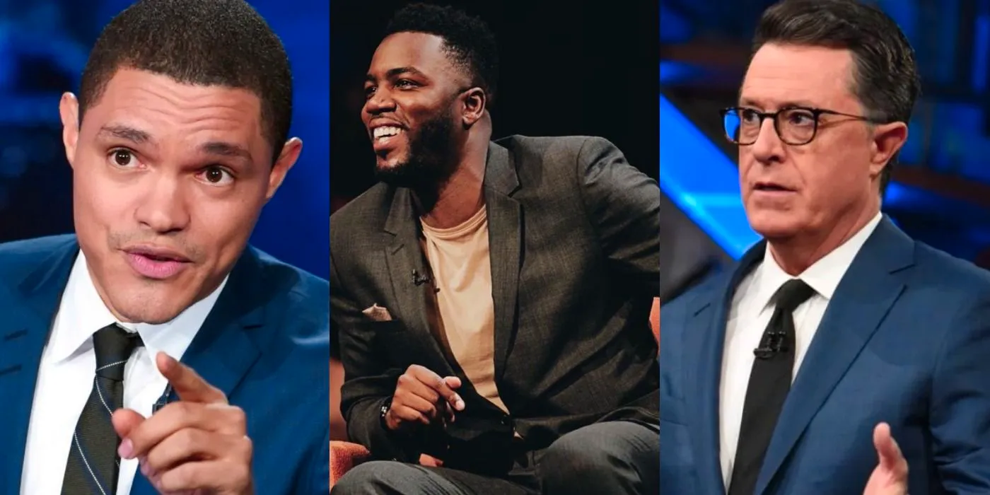 Split image of Stephen Colbert, Mo Gilligan and Trevor Noah chat show feature Image