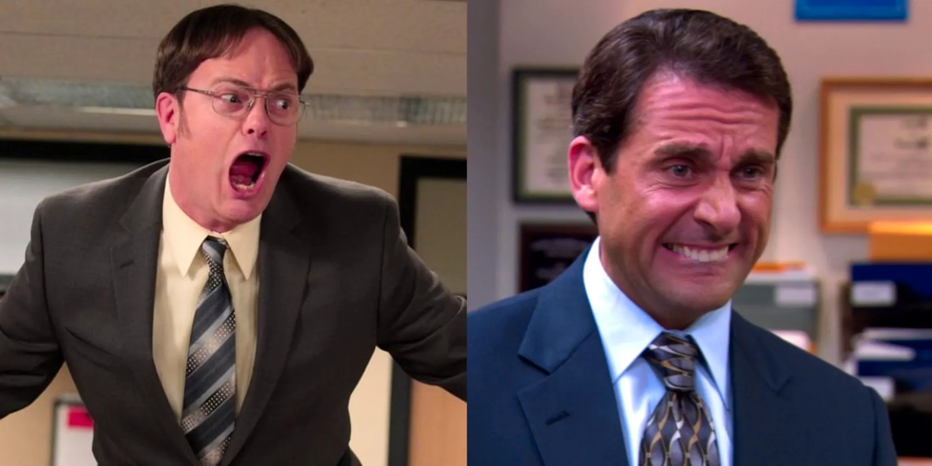 Split image of Steve Carell as Michael Scott and Rainn Wilson as Dwight Schrute in The Office Image